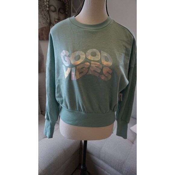 Old Navy Turquoise “Good Vibes” Loose Crew-Neck Cropped Sweatshirt - XS | NWT - Picture 7 of 15
